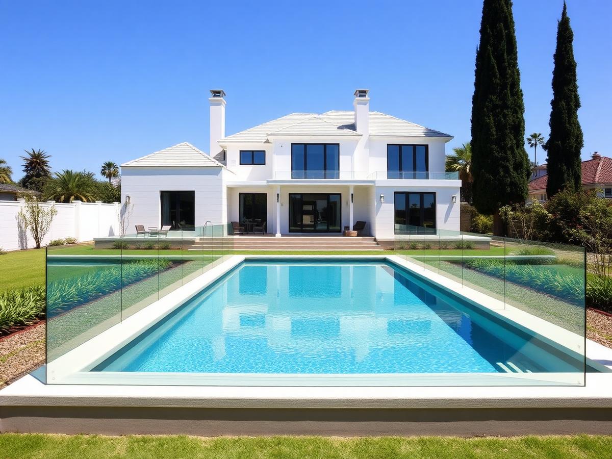 Frameless glass pool fencing around a lap pool at a white luxury home on the Central Coast