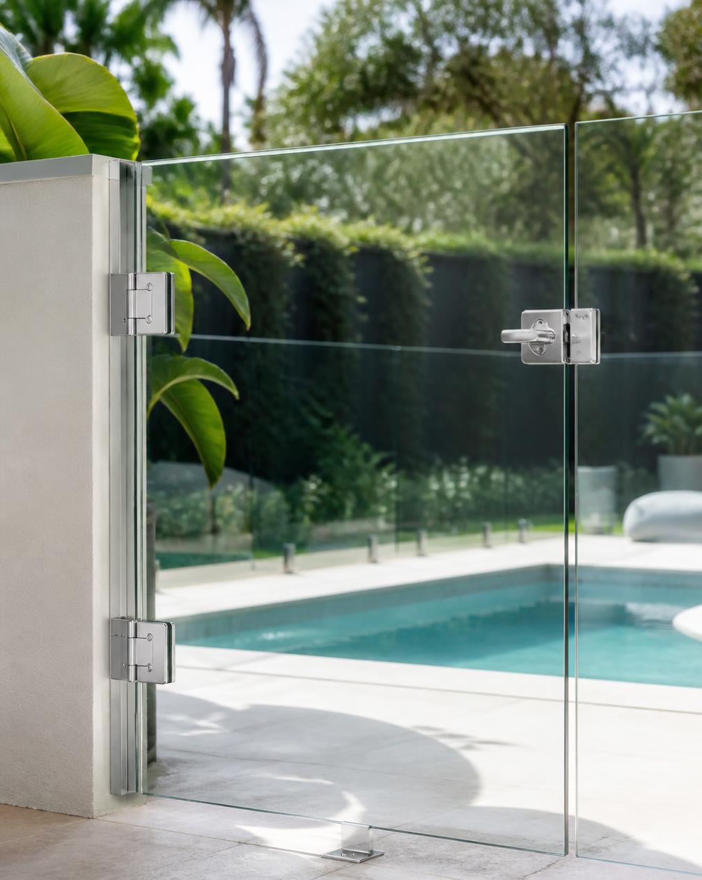 Self-closing frameless glass pool gate with premium stainless steel hardware