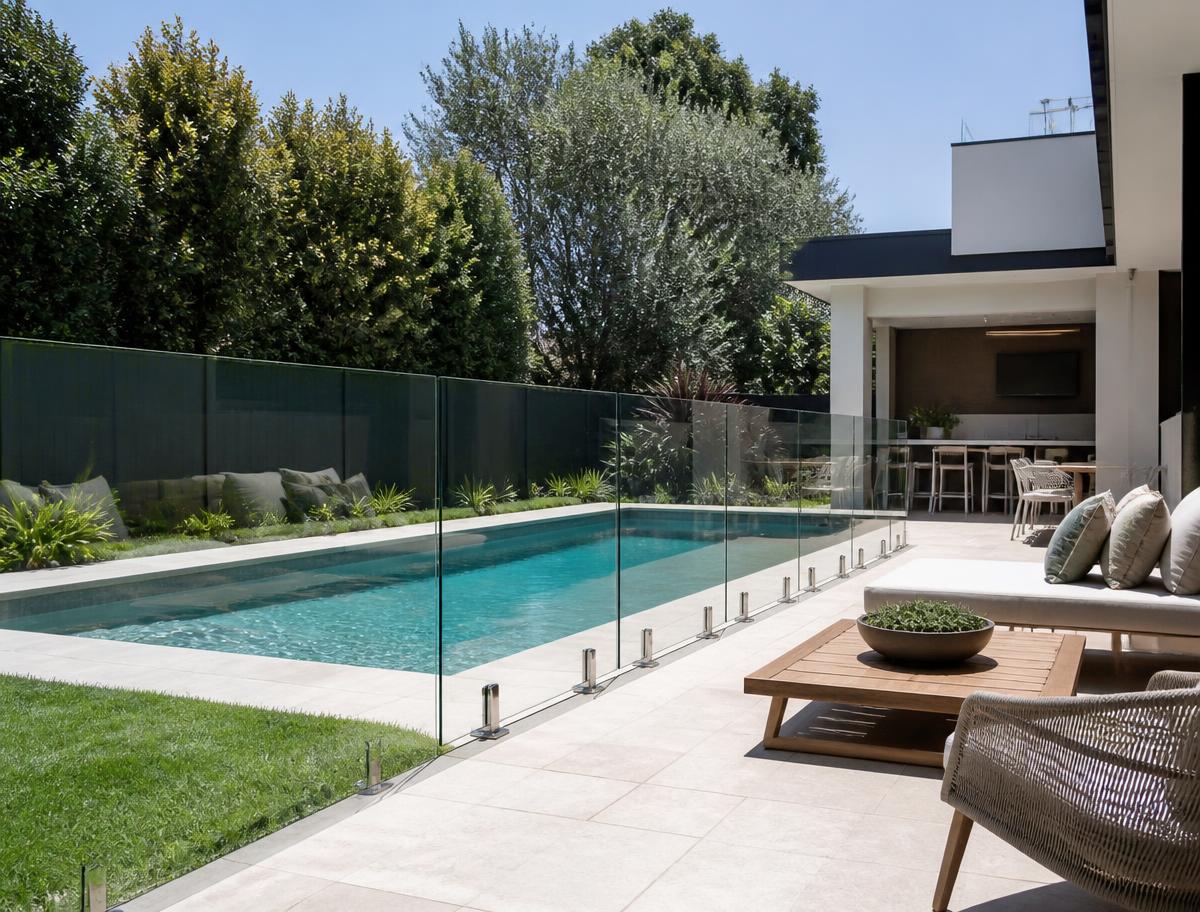 Modern landscaped backyard with frameless glass pool fencing and outdoor entertaining area